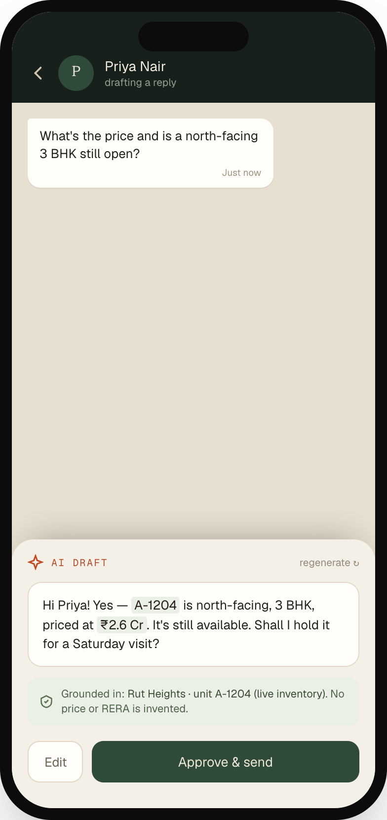 The Sthan sales app drafting a WhatsApp reply with AI. The draft quotes unit A-1204 at ₹2.6 Cr and is labelled 'Grounded in: Rut Heights · unit A-1204 (live inventory). No price or RERA is invented.', with Edit and Approve & send buttons.