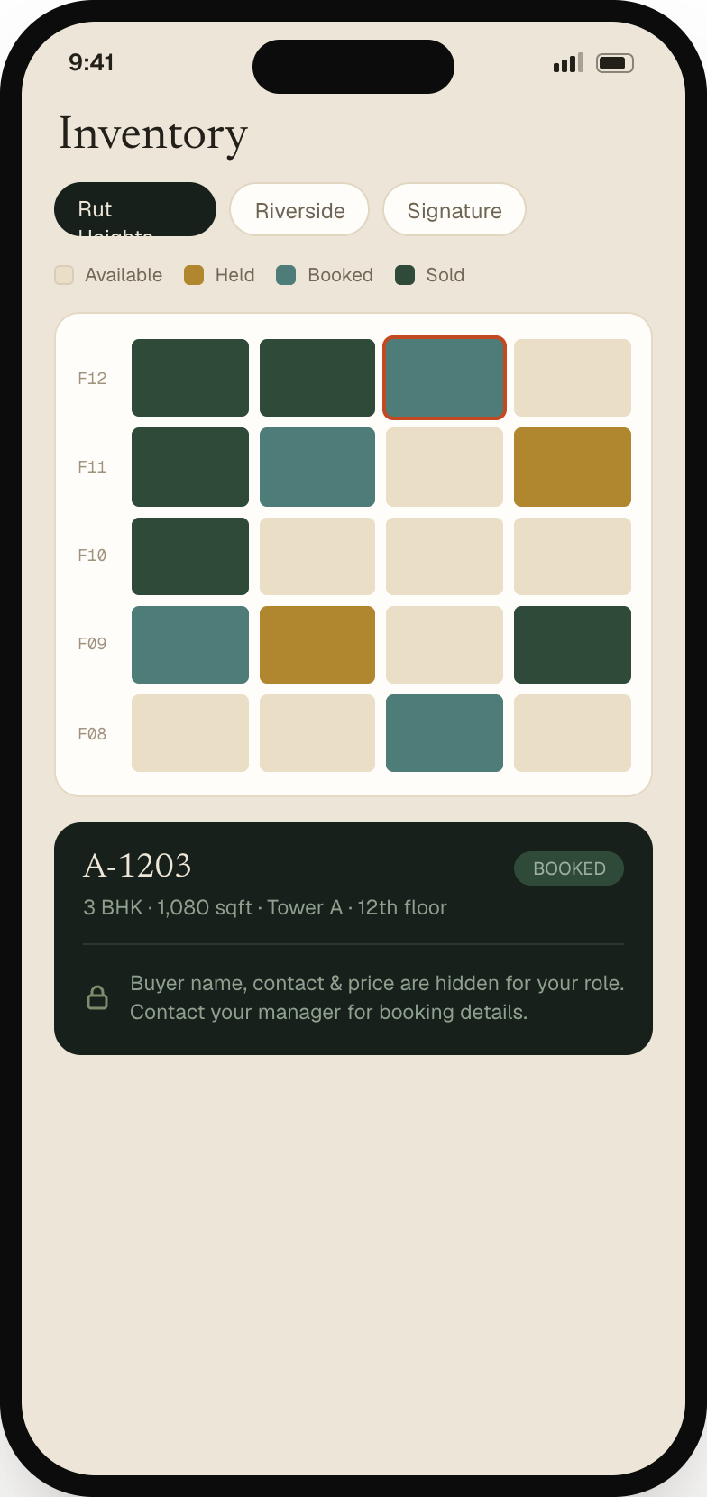 The inventory screen of the Sthan Sales app showing project chips, an available, held, booked and sold legend, a floor-by-unit grid, and a unit detail card for a booked 3 BHK, with a notice that the buyer name, contact and price are hidden for this user's role.