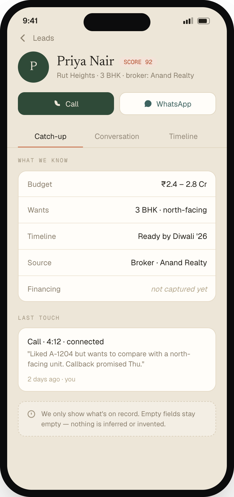 A lead record in the Sthan Sales app showing an intent score of 92, the buyer's budget range, configuration wanted, timeline, broker source, and a summary of the last call, with call and WhatsApp buttons.