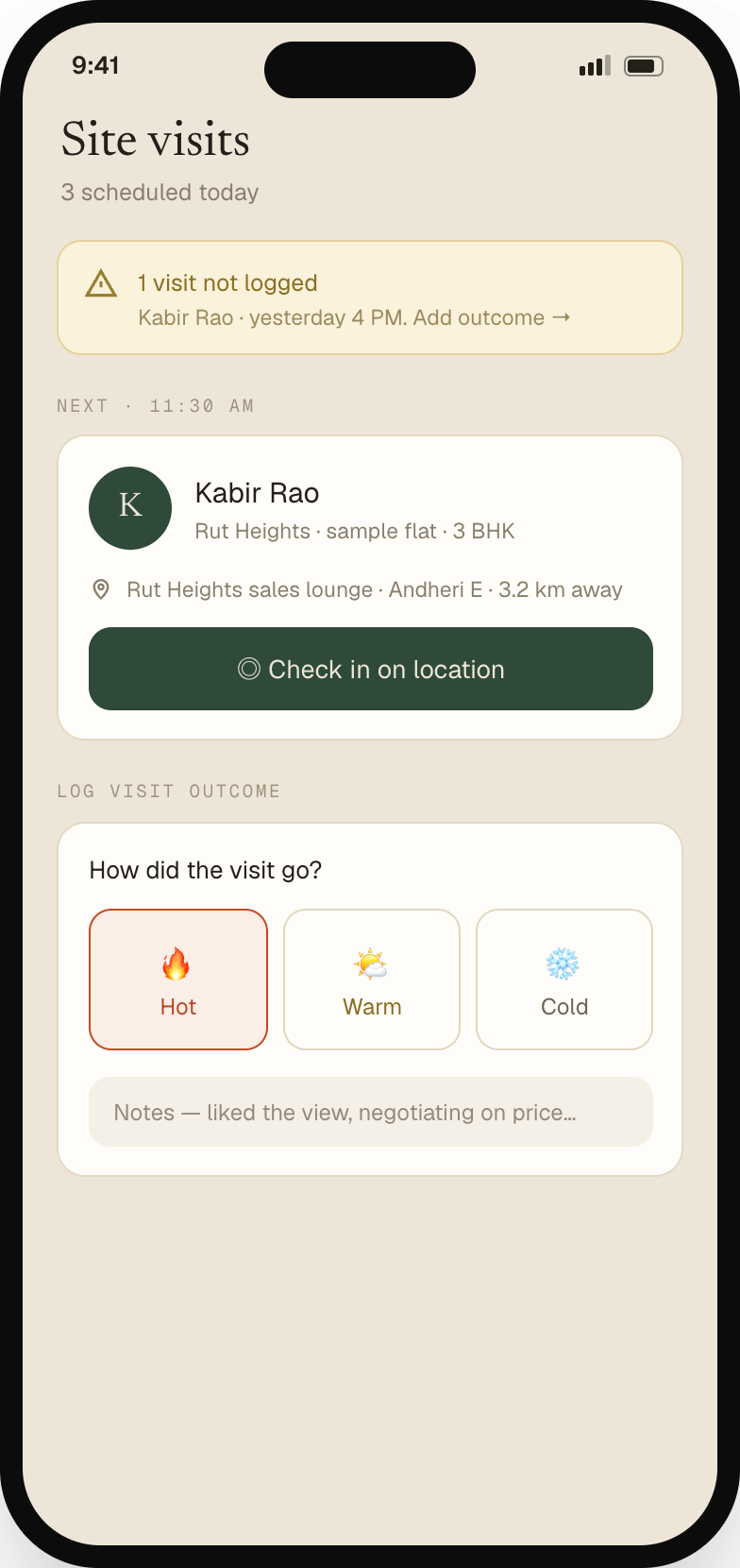 The Site visits screen of the Sthan Sales app showing visits scheduled today, an alert for one unlogged visit, the next appointment with location and distance, a check-in button, and hot, warm or cold outcome logging.