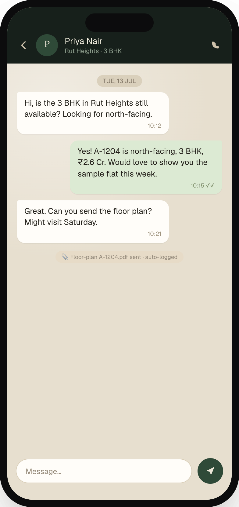 A WhatsApp conversation inside the Sthan Sales app with a buyer asking whether a north-facing 3 BHK in Rut Heights is available, the reply quoting unit A-1204 at ₹2.6 crore, and a system line showing the floor-plan PDF was sent and auto-logged against the lead.